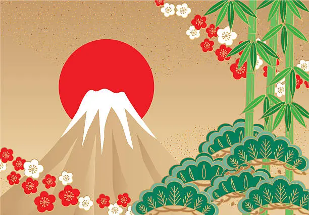 Vector illustration of Fuji and pine, bamboo, plum. Japanese style