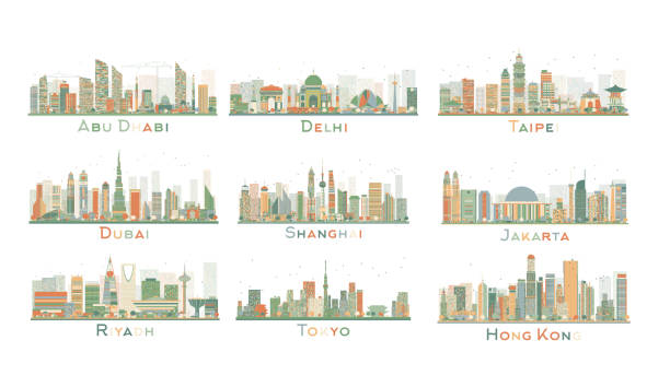 세트마다 9 추상적임 도시 스카이라인을 감상하실 수 있습니다. 벡터 일러스트레이션. - 인도네시아 일러스트 stock illustrations