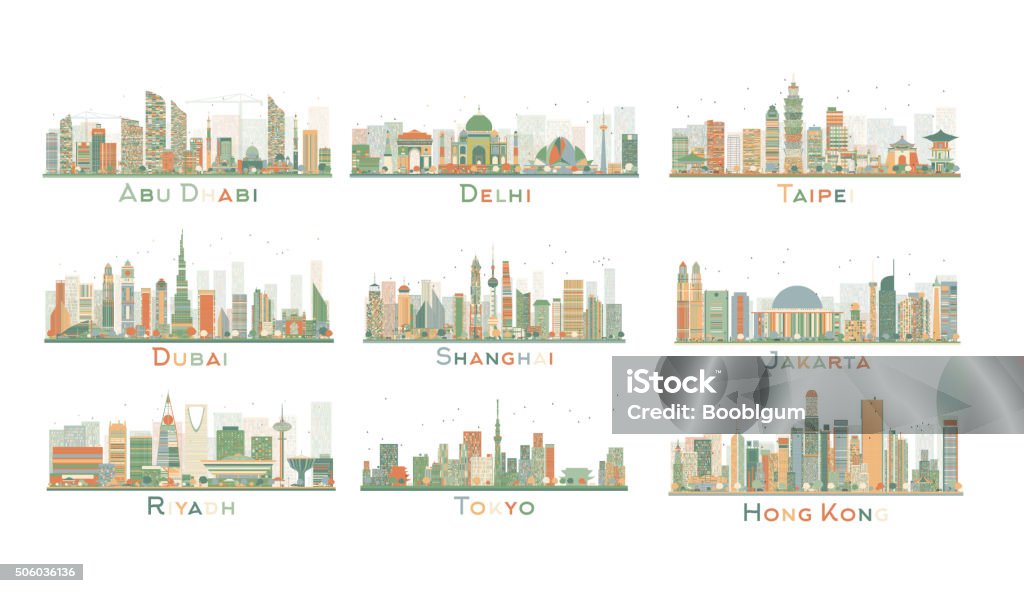 Set of 9 Abstract City Skyline. Vector Illustration. Set of 9 Abstract City Skyline. Vector Illustration. Skyline with World Landmarks. Business travel and tourism concept. Image for presentation, banner, placard and web site. Urban Skyline stock vector