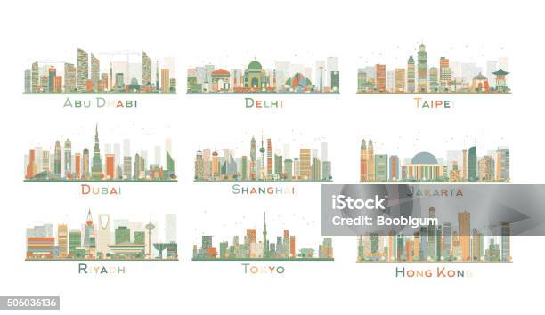 Set Of 9 Abstract City Skyline Vector Illustration Stock Illustration - Download Image Now