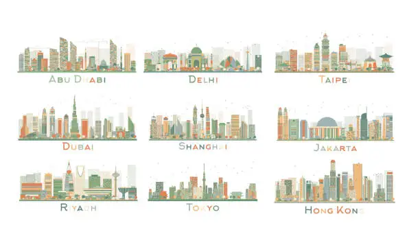 Vector illustration of Set of 9 Abstract City Skyline. Vector Illustration.