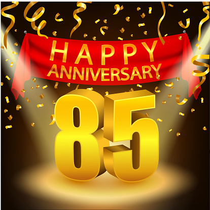 Vector Illustration Of Happy 85th Anniversary celebration with golden confetti and spotlight
