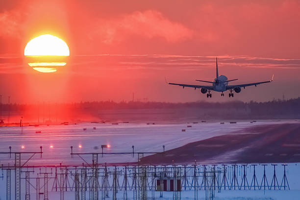 istock Airplane landing at sunset 506036578