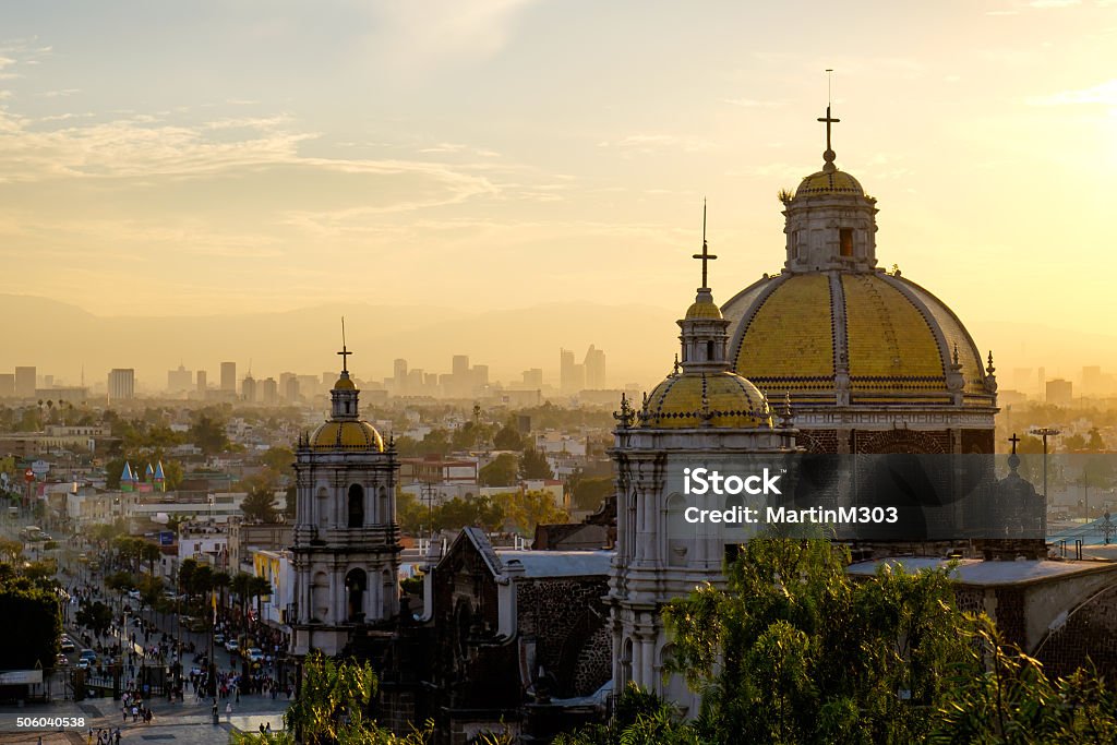 Scenic view at Basilica of Guadalupe with Mexico city skyline Scenic view at Basilica of Guadalupe with Mexico city skyline at sunset, Mexico Mexico City Stock Photo