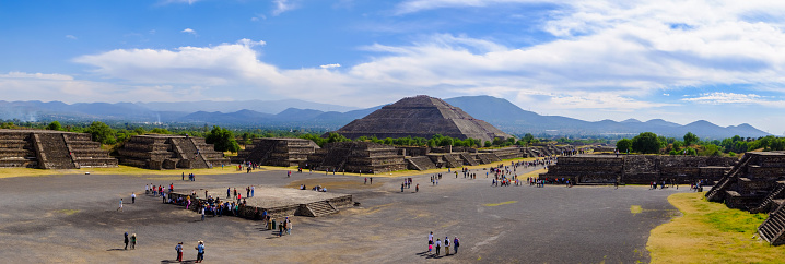 TEOTIHUACAN, MEXICO - 28 DECEMBER 2015: Panoramic view of Pyramid of the Sun and Avenue of the dead in Teotihuacan, near Mexico city