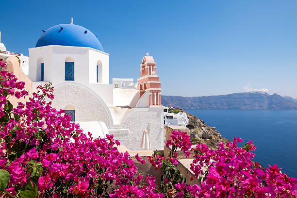 素晴らしい眺望の伝統的なキクラデス建築で花を foreg に - santorini greece oia sunset ストックフォトと画像