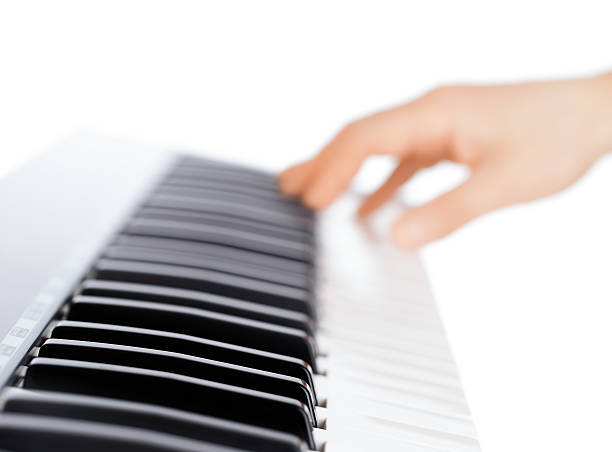istock Hand and piano keyboard on white background 506042324