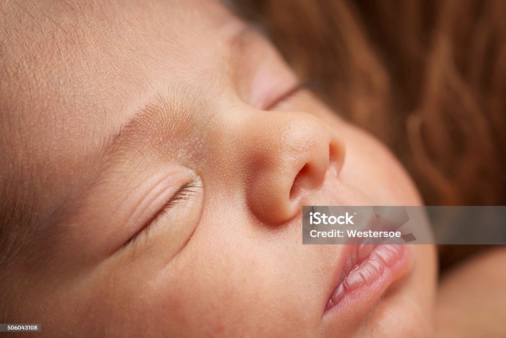 Close-up of a newborn baby's face Newborn baby sleeping on a brown fur with the facial details in selective focus. Baby - Human Age Stock Photo