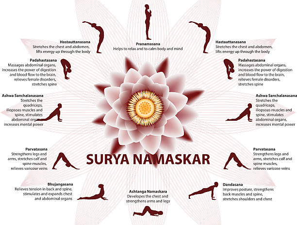 ilustraciones, imágenes clip art, dibujos animados e iconos de stock de yoga infografías surya namaskar la secuencia - stretching exercising gym silhouette