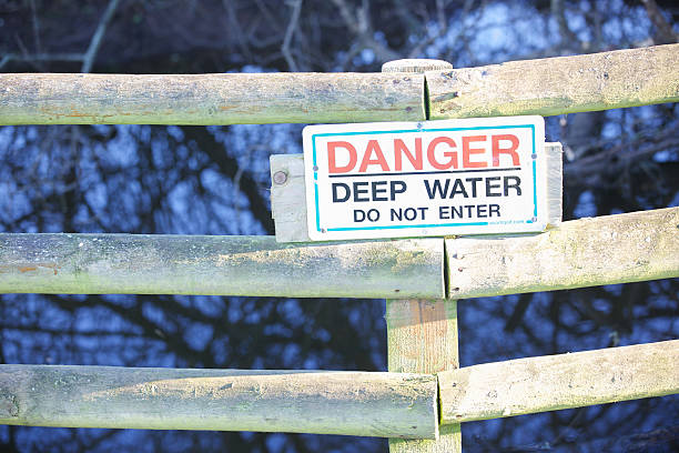 istock Deep water sign on fence next to a rural pond 506060514