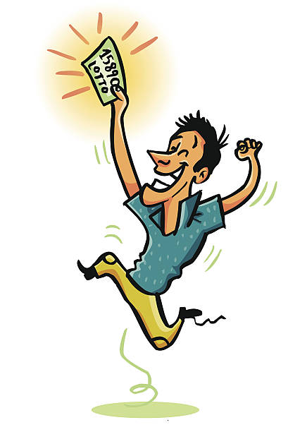 Man jumping very happy for having won the lottery Man jumping with a lottery ticket in hand after winning. Man lucky millionaire after winning a lottery. Winning lottery number. Joy & Madness. Man teaching his lucky ticket. ganar stock illustrations