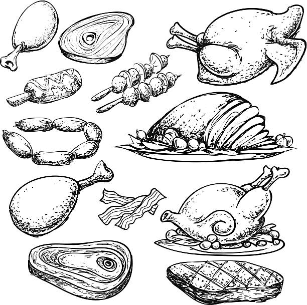 Meat Doodle Doodle illustration of protein source, cooked and uncooked, meats of cow, chicken and bacon roast dinner stock illustrations