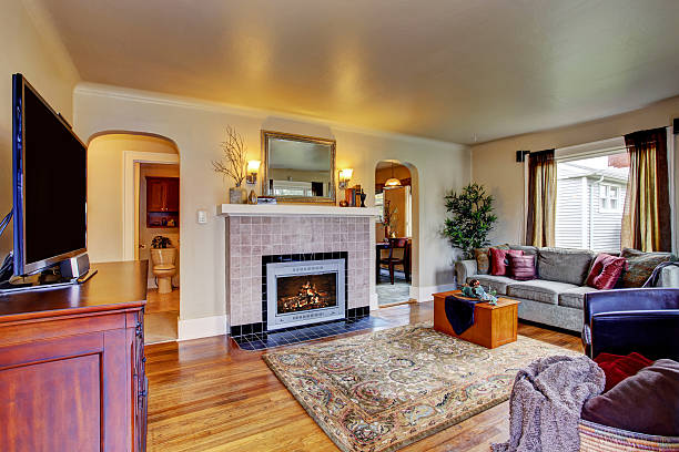 istock Living room interior with fireplace 506062109