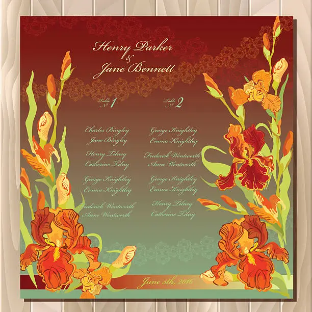 Vector illustration of Table guest list. Background with red iris flowers. Wedding template.