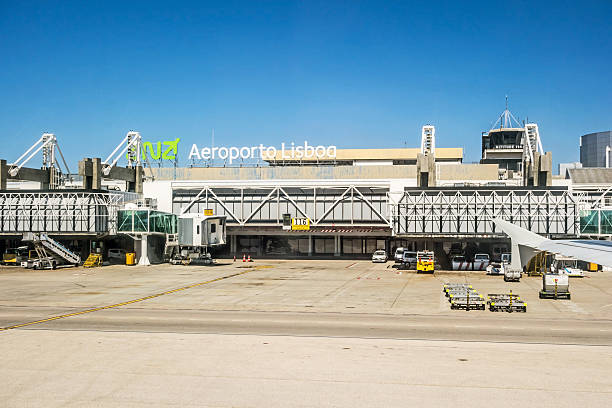 Airport Lisbon after landing - tower / main gate stock photo