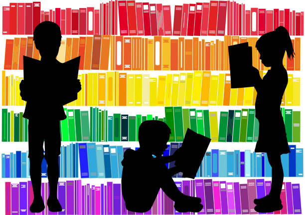 dzieci, czytanie książki. - child at library stock illustrations