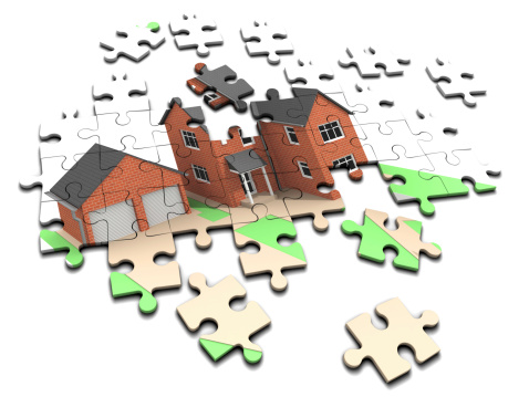 3d render of an unmade jigsaw puzzle depicting a house and garage