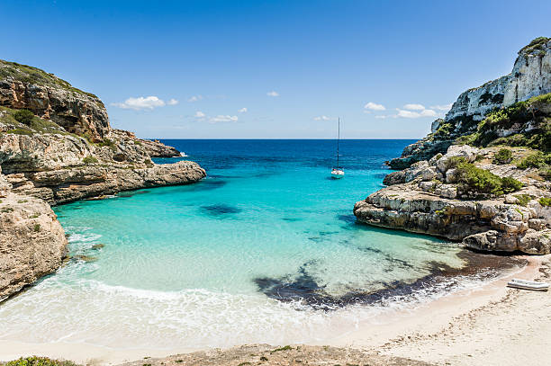 istock Sailing yacht in wild bay and lonely beach 506064131