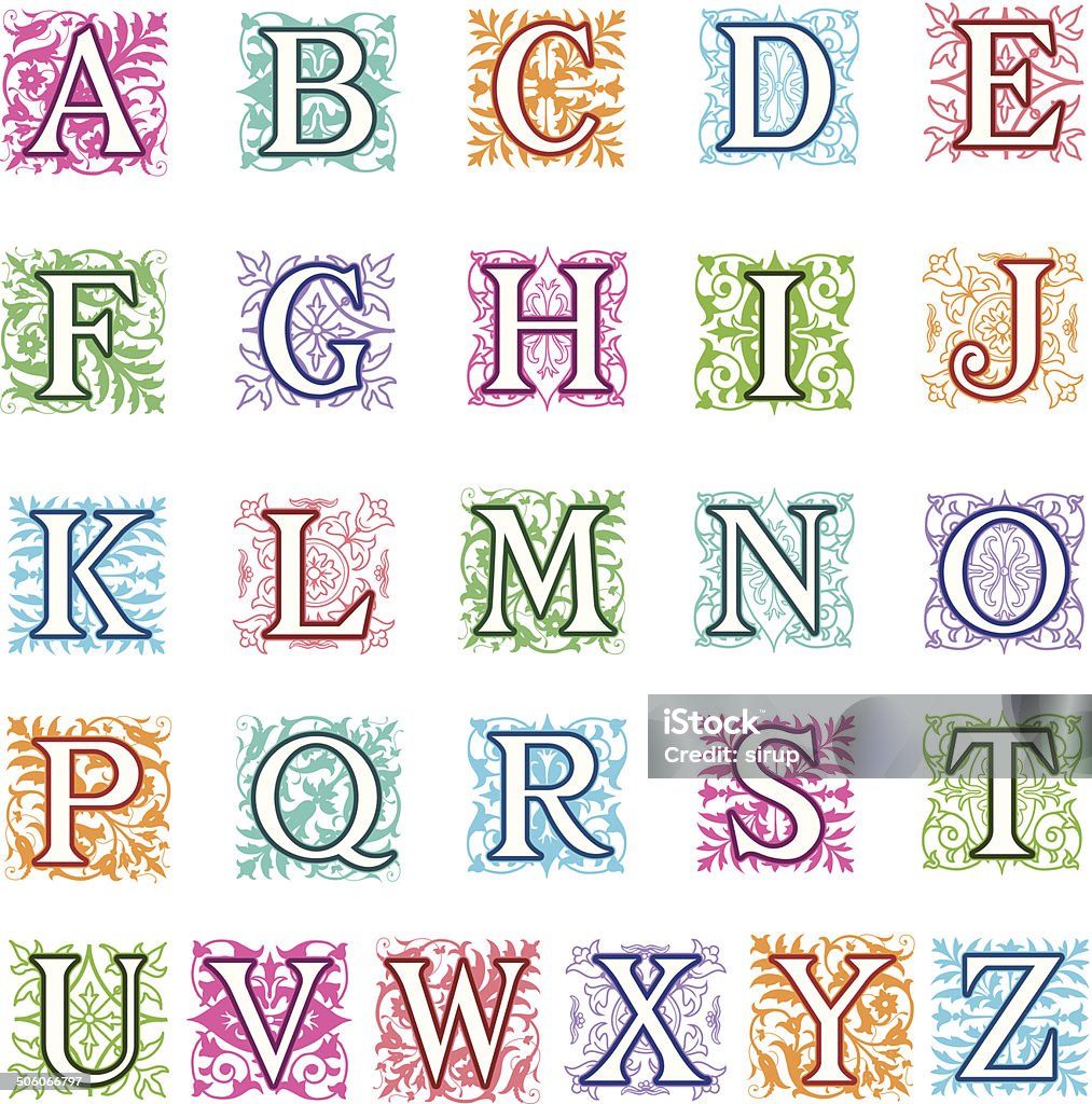 Foliate and floral alphabet letters set Colourful vector illustration of a complete set of alphabet letters in uppercase with square format foliate and floral decoration behind each capital letter in different colours and designs Alphabet stock vector