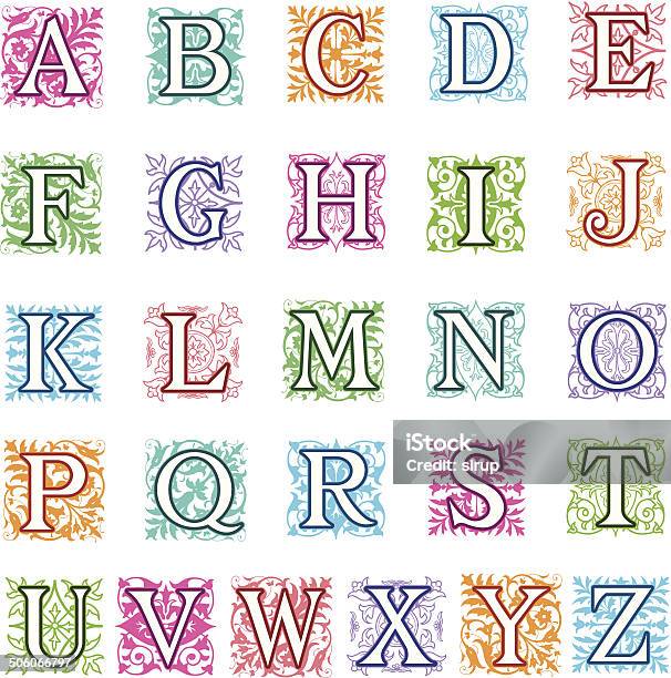Foliate And Floral Alphabet Letters Set Stock Illustration - Download Image Now - Alphabet, Alphabetical Order, Blue