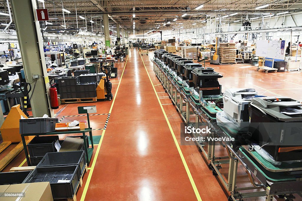 production conveyor of office devices production conveyor of office devices on factory Computer Printer Stock Photo