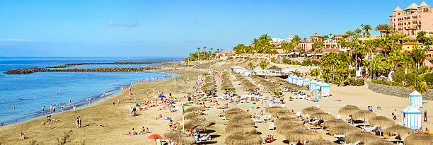 istock Sandy beach with thatched parasols and sunbeds, Costa Adeje 506097846