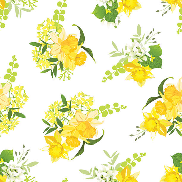gelbe blumen austeilen von narcissus, wildblumen und kräutern nahtloser vektor-muster - daffodil spring backgrounds sky stock-grafiken, -clipart, -cartoons und -symbole