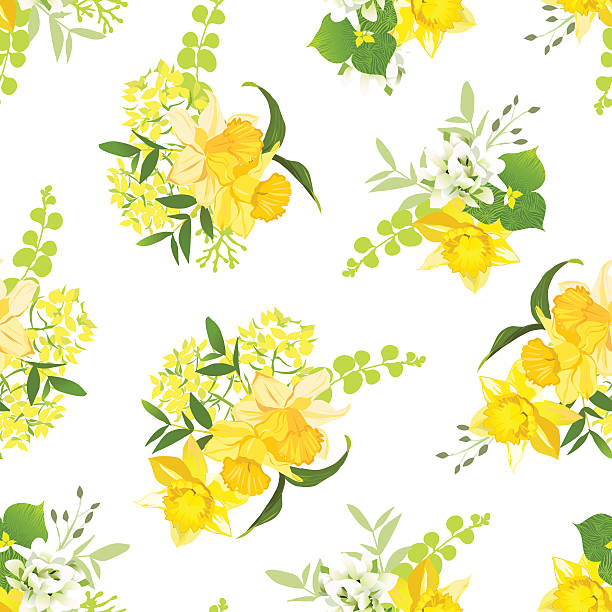 노란색 부케 of 나르시스, 야생화, 허브 원활한 벡터 패턴 - daffodil spring backgrounds sky stock illustrations