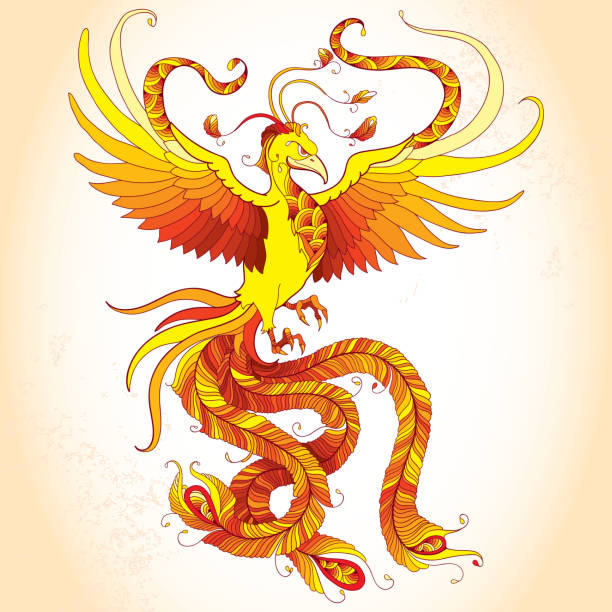 Mythological Phoenix or Phenix on the beige background. Mythological Phoenix or Phenix on the beige background. Legendary bird that is cyclically reborn. Series of mythological creatures phenix stock illustrations