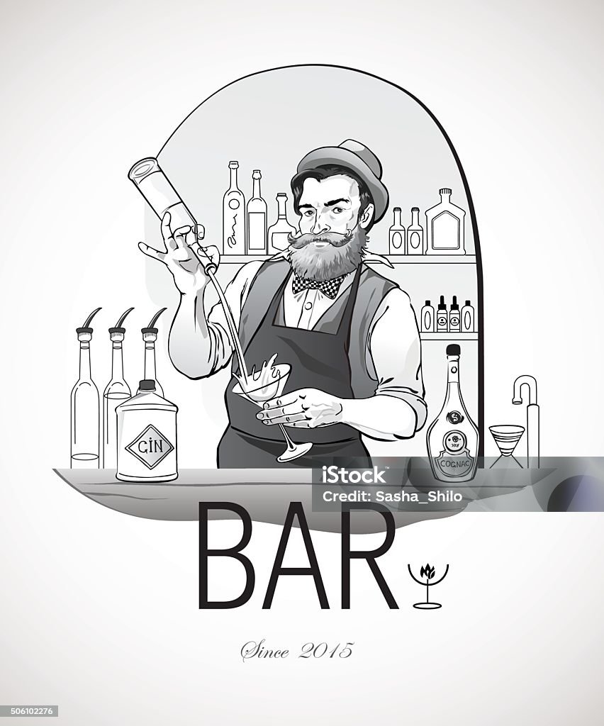 Barman Drawing Reference Barman In Work Stock Illustration - Download Image Now - Bartender, Old ...