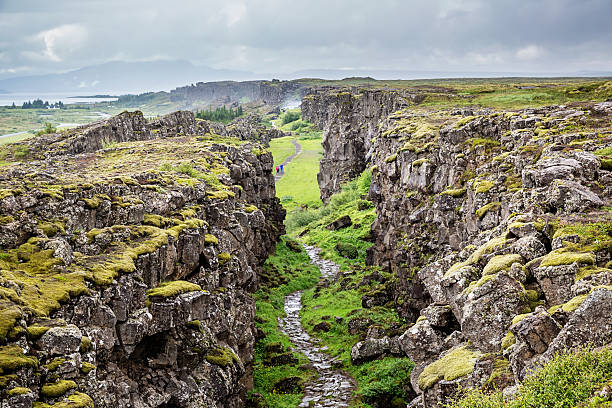Thingvellir National Park Iceland The Þingvellir or Thingvellir National Park in Southern Iceland. The rift valley is situated on the tectonic plate boundaries of the Mid-Atlantic Ridge. Thingvellir National Park, Iceland. fault geology stock pictures, royalty-free photos & images