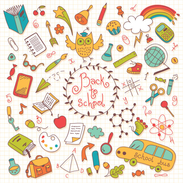 ilustraciones, imágenes clip art, dibujos animados e iconos de stock de vuelta a la escuela - textbook book apple school supplies