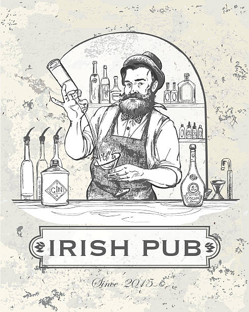 Vector illustration - Barman in work Hand drawn vector illustrated logo - Barman in work, with textured background bartender illustrations stock illustrations