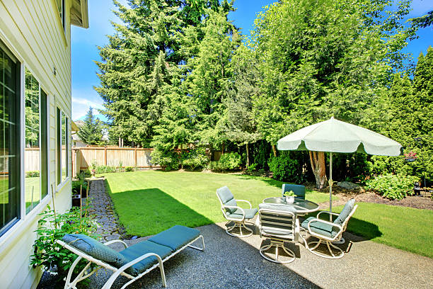 istock SUny green backyard with yellow hosue. 506103663