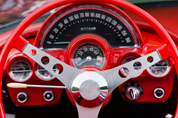 xxxl ：ステアリングホイールとインテリアは、クラシックなカーます。 - collectors car dashboard odometer mode of transport ストックフォトと画像
