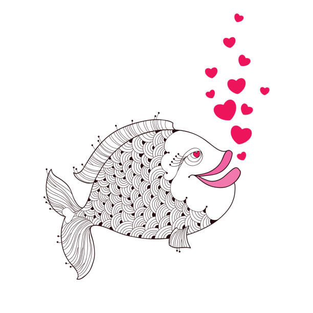 Cartoon fish with red bubbles like heart isolated on white Cartoon fish with pink lips and red bubbles like heart isolated on white background. Cartoon elements in contour style for Valentine day. cartoon of fish with lips stock illustrations