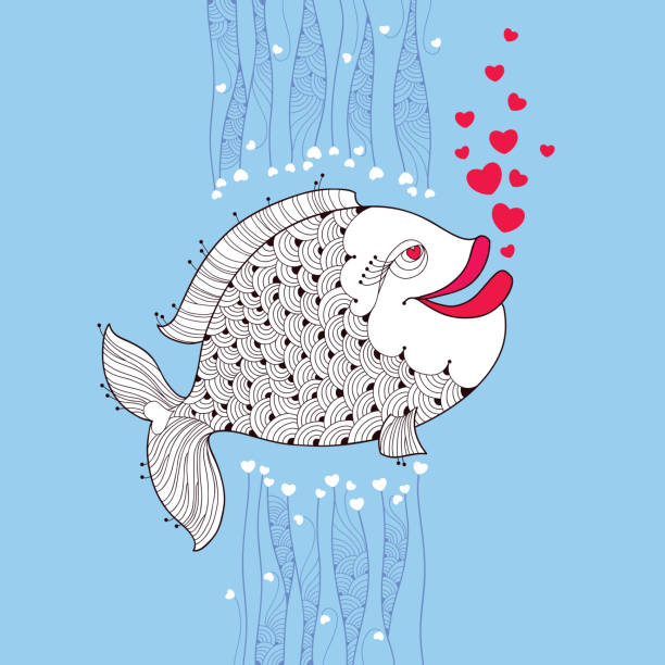Cartoon fish with smiling lips and pink bubbles like hearts Cartoon fish with smiling lips and pink bubbles like heart on the blue background. Cartoon elements in contour style for Valentine day. cartoon of fish with lips stock illustrations