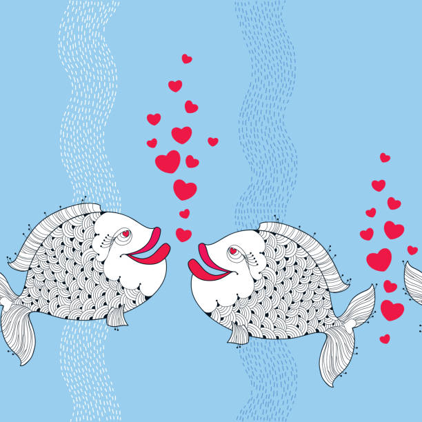 istock Seamless pattern with cartoon fishes couple in love and bubbles 506104696