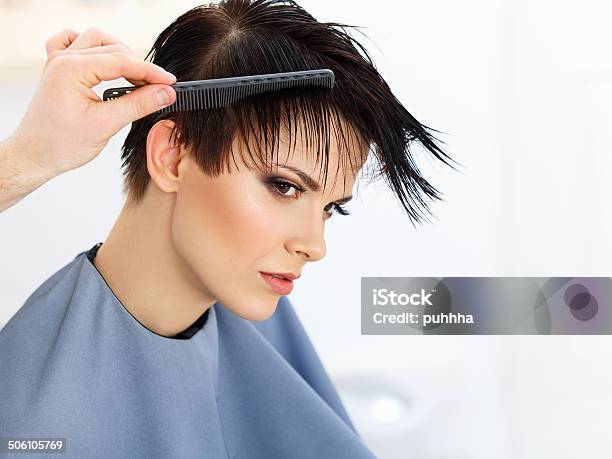 Hair Hairdresser Doing Hairstyle Beauty Model Woman Haircut Stock Photo - Download Image Now