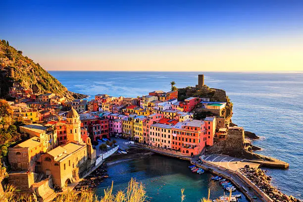Vernazza village, aerial view on red sunset, Seascape in Five lands, Cinque Terre National Park, Liguria Italy Europe. Long Exposure.
