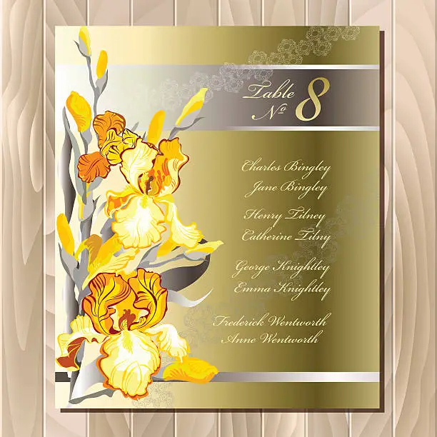 Vector illustration of Table guest list. Yellow iris flowers design.