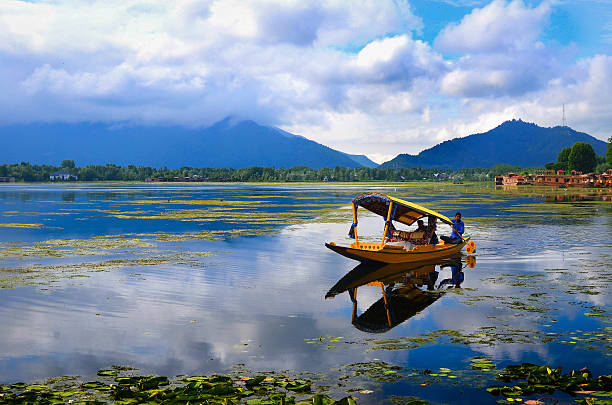Morning at the paradise-Srinagar Srinagar, Jammu & Kashmir, India – June 1st., 2014: I made this shot at the beautiful Nagin Lake in Kashmir.This shikara was actually a shop on the move. lake nagin stock pictures, royalty-free photos & images
