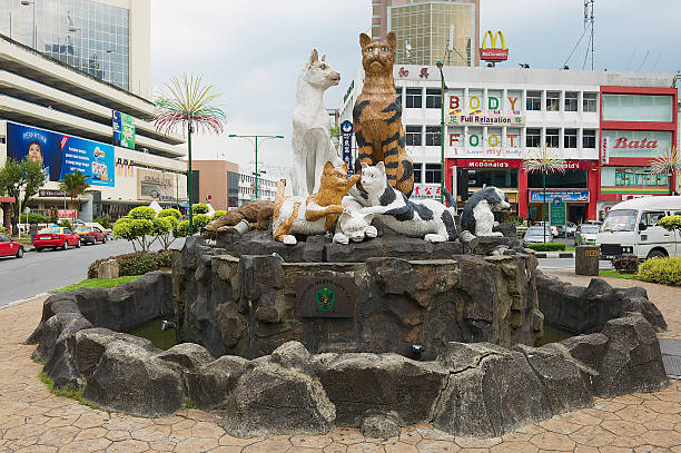 Kuching, Malaysia - August 26, 2009: Exterior of the Cats monument in downtown Kuching, Malaysia. Due to abundance of cats in the area Kuching is often called  \