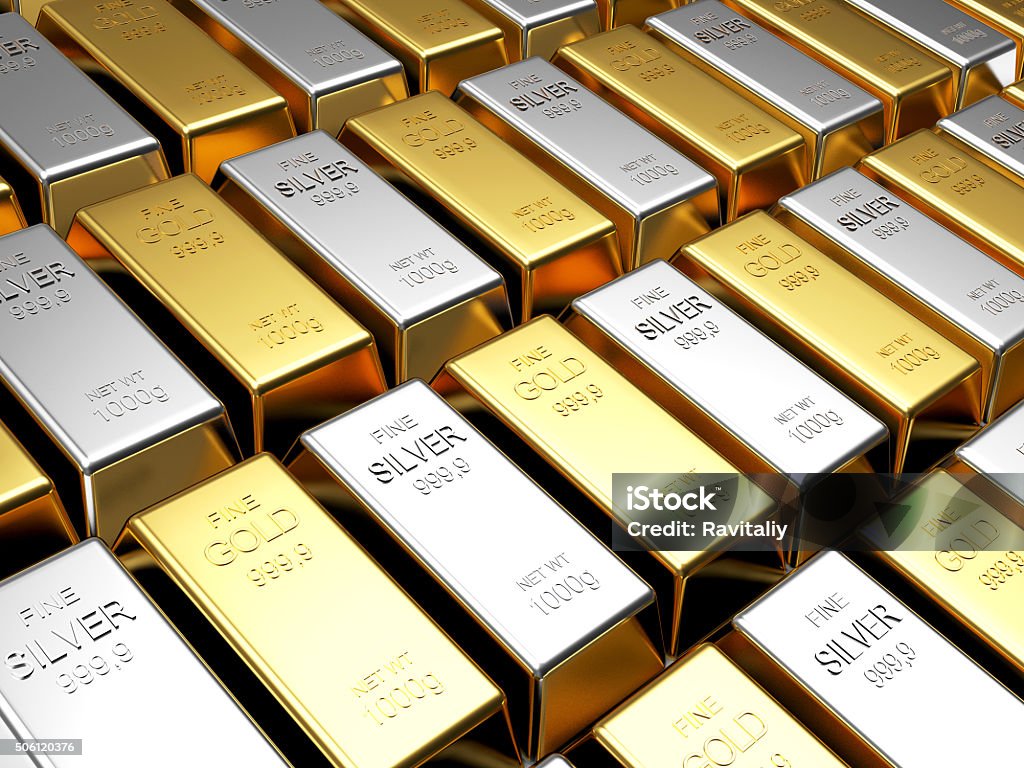 Rows of golden and silver bars Business and finance background. Rows of golden and silver bars Silver - Metal Stock Photo