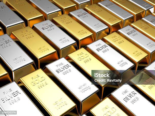 Rows Of Golden And Silver Bars Stock Photo - Download Image Now - Silver - Metal, Gold - Metal, Silver Colored
