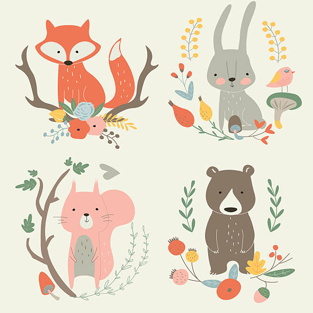 newforestframeset Vector illustration with cute fox, hare, bear and squirrel in floral frames in cartoon style bedroom patterns stock illustrations