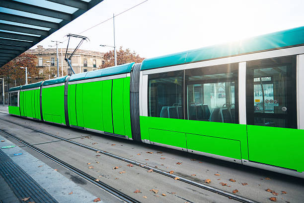 Empty banner on the facade of city tram. Visual effects. Horizontal