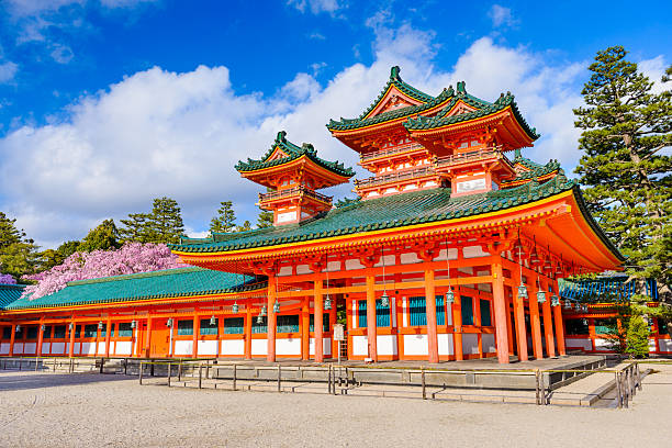 Kyoto, Japan - September 9, 2007: Serene hall and red gates of Kamigamo shrine, one of the oldest Shinto shrines in Japan