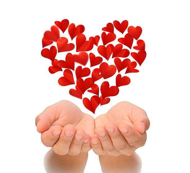 Hearts in heart shape flying over cupped hands of woman stock photo