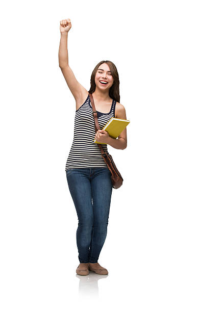 excited латинской studen с рукой в воздухе - studen стоковые фото и изображения